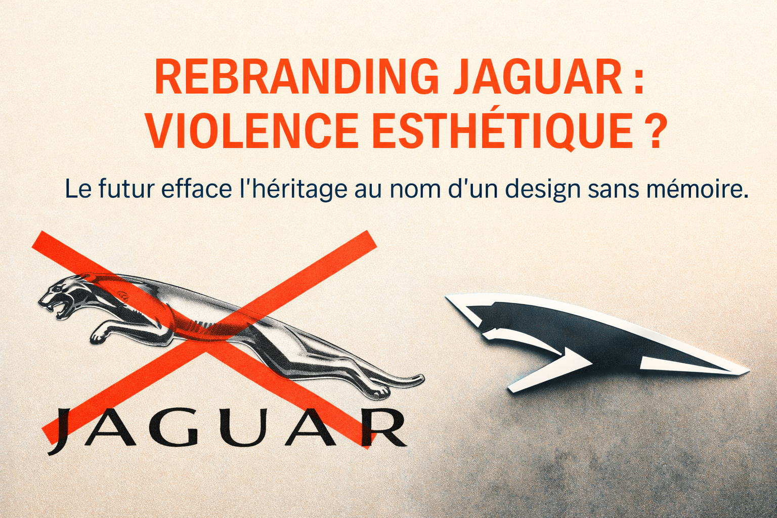 Rebranding Jaguar : ancien logo barré face au nouveau logo minimaliste, symbole d’une violence esthétique et de l’effacement de l’héritage
